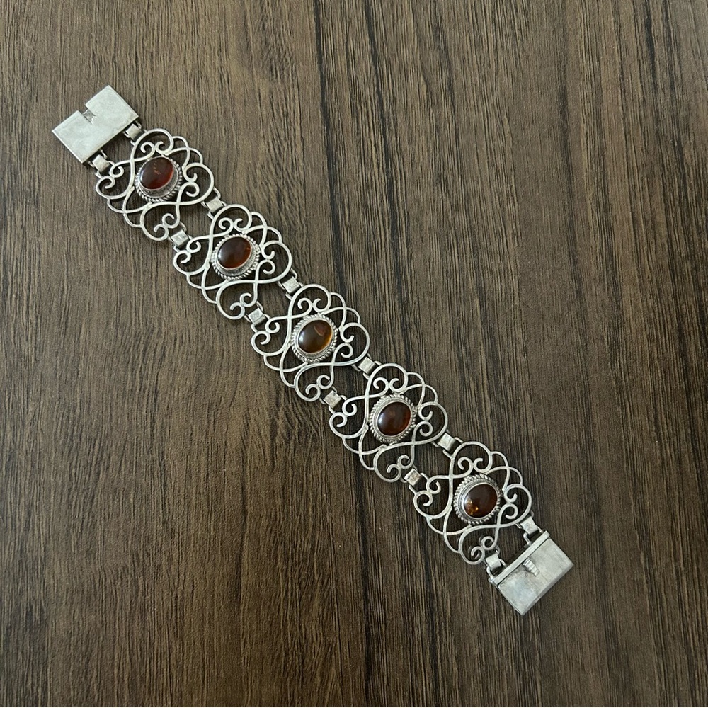 Filigree Style Sterling Silver and Amber Cabochon Link Women's Bracelet